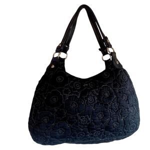 Thirty-One Black Quilted Floral Shoulder Bag Striped Lining Multi Compartment